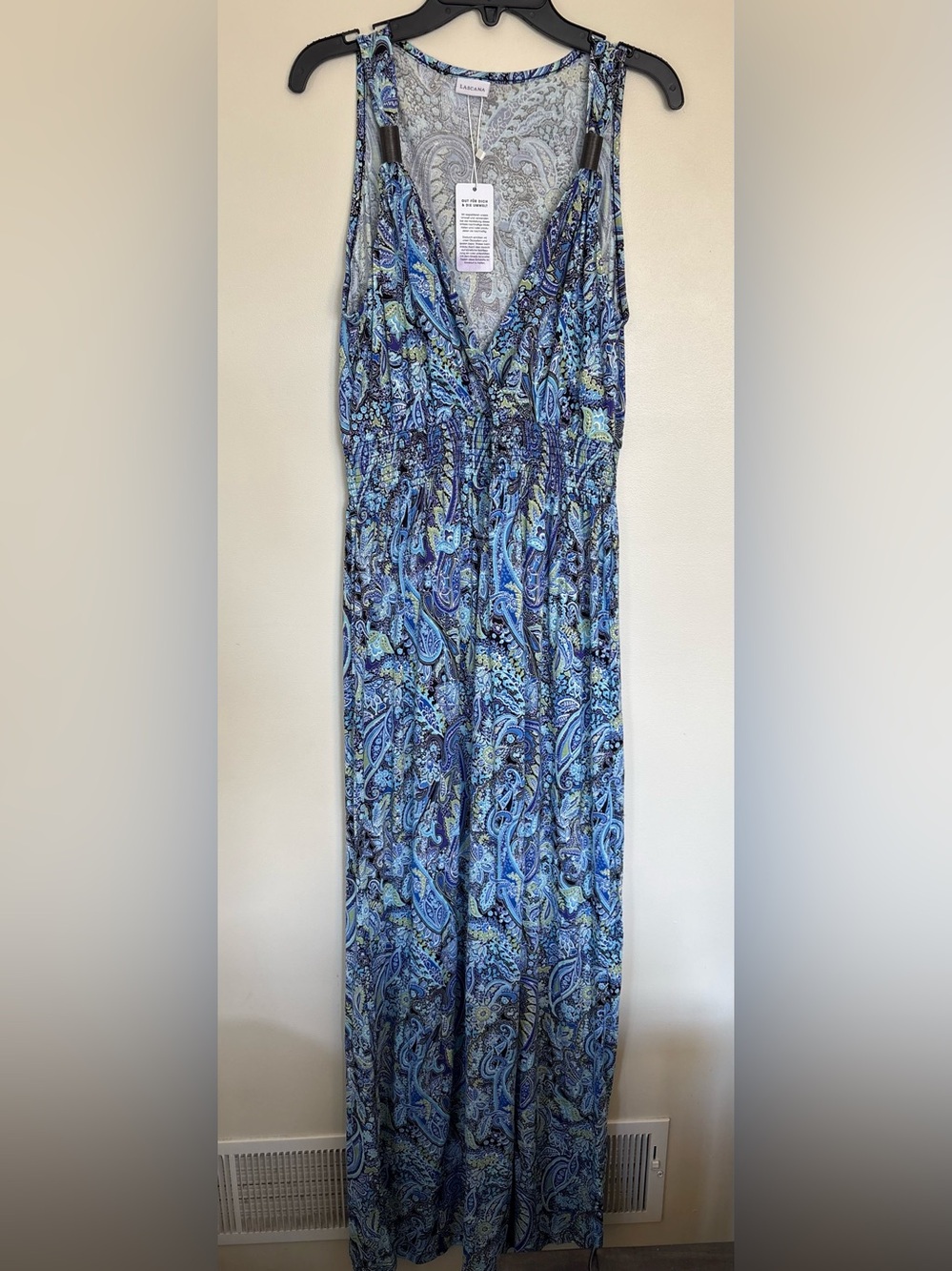 LASCANA Blue Paisley Sleeveless Maxi Dress Smocked Waist Boho Resort NWT